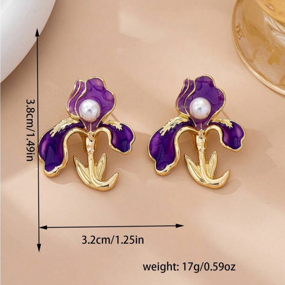 Purple Floral Pearl Accent Earrings - Women Jewelry R 390 - Picture 3 of 3